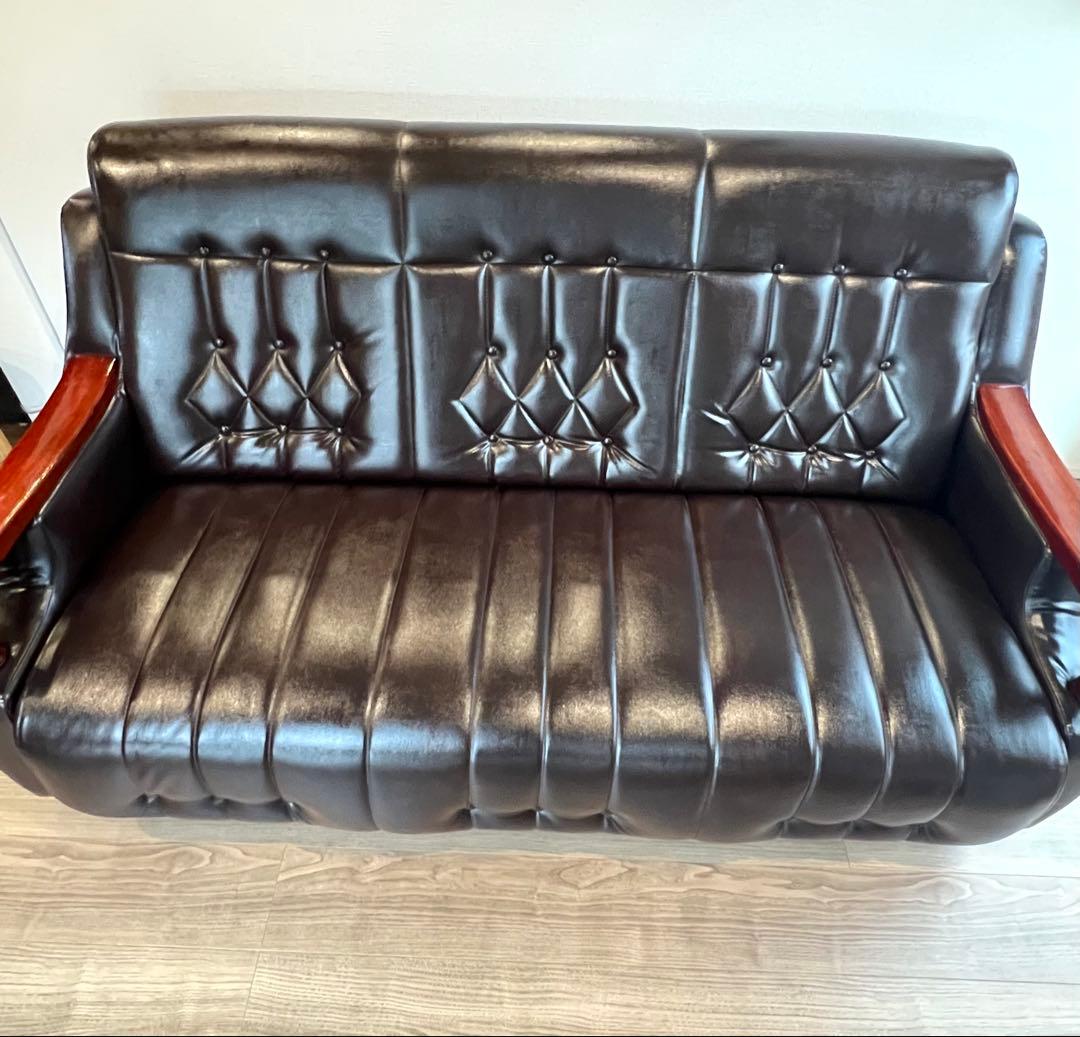 英国風 アンティーク調ソファ 三人掛け 木肘 ブラック