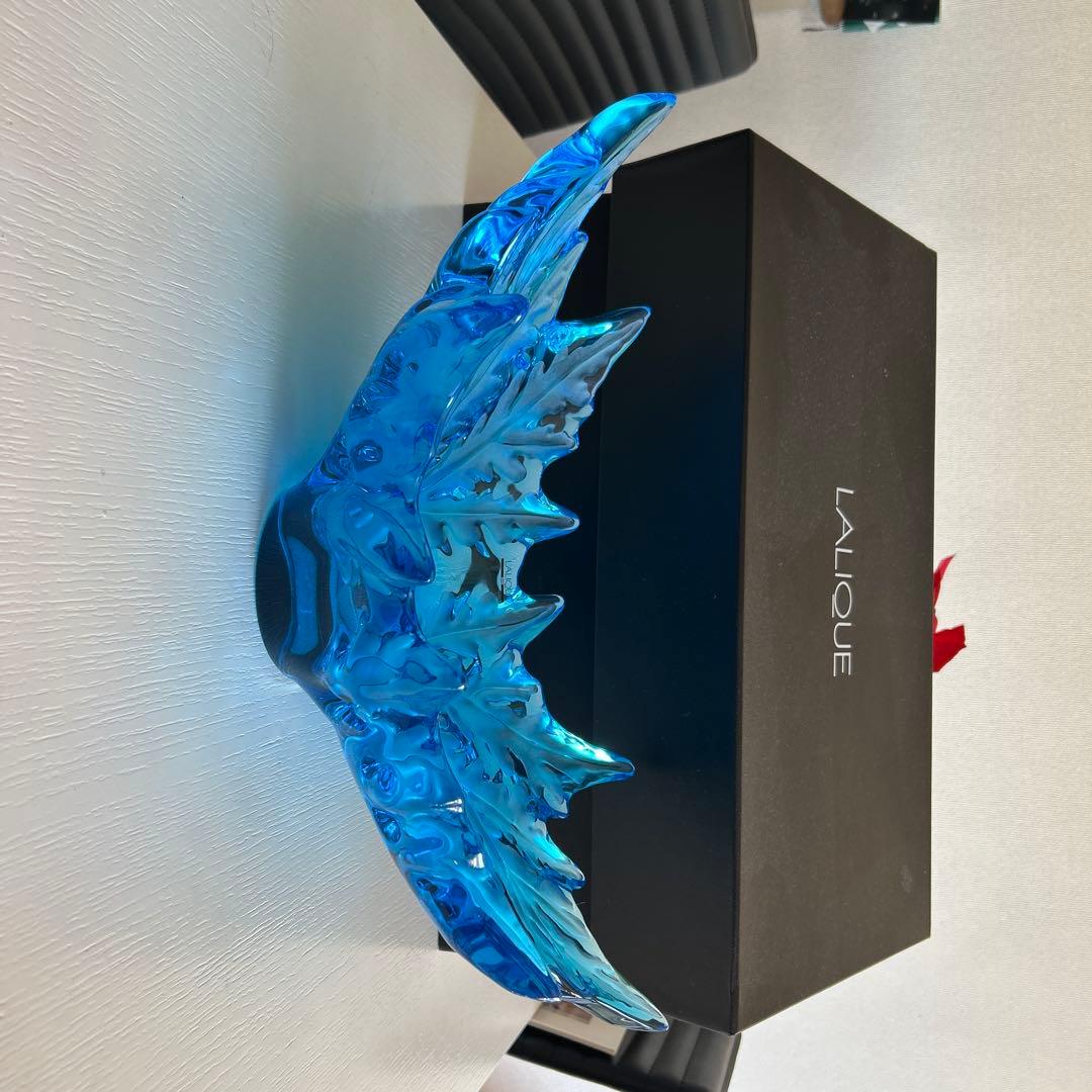 Lalique 青い葉形ガラス皿 箱付き