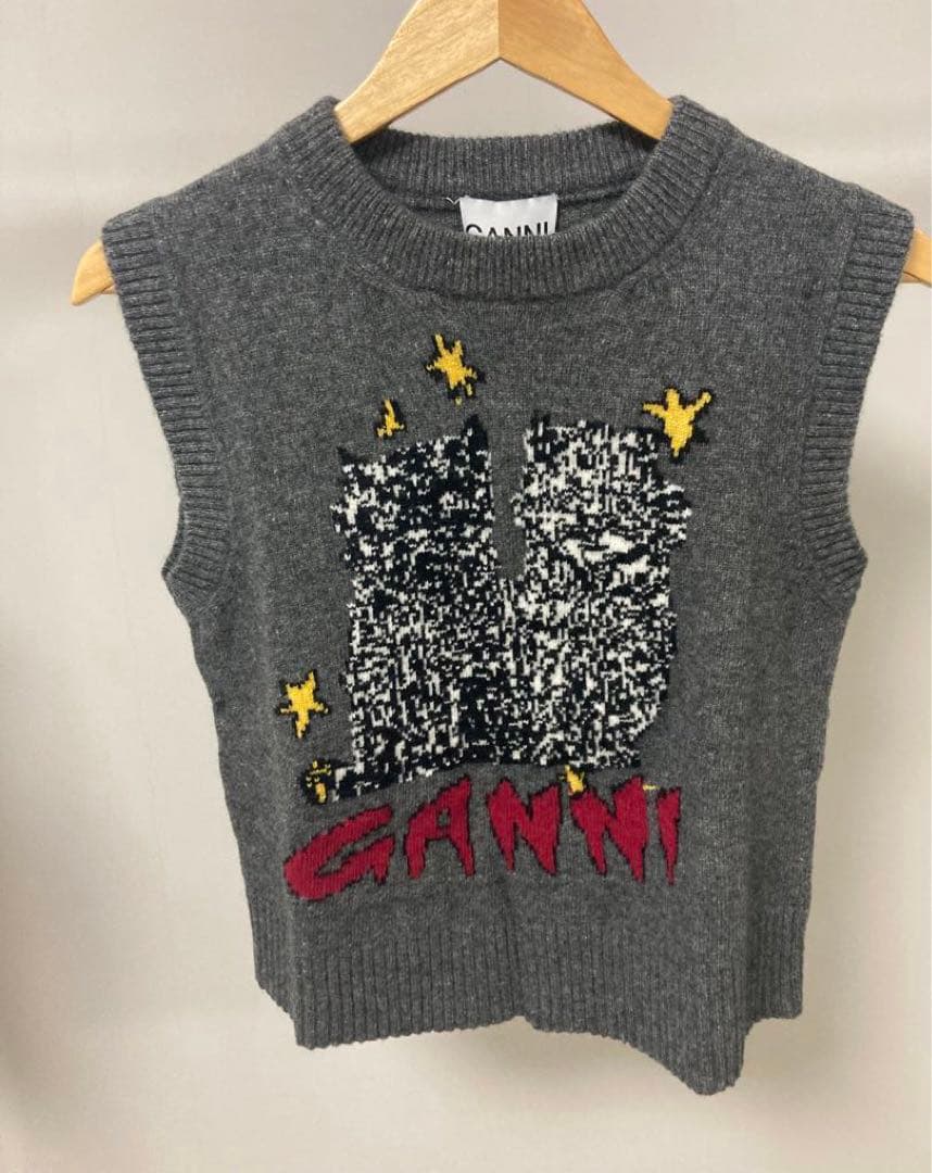 GANNI 猫刺繍 ニットベスト グレー