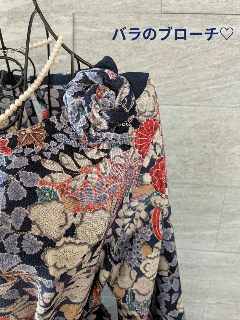 A267着物リメイク辻が花柄Aラインワンピース★リボン・ブローチ