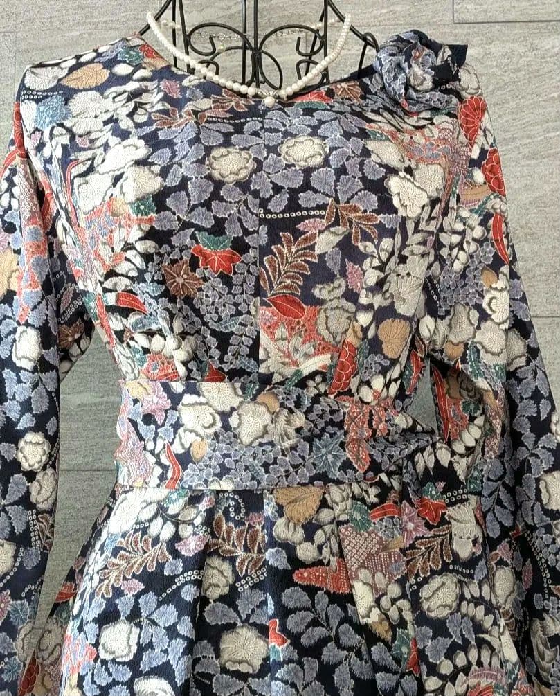 A267着物リメイク辻が花柄Aラインワンピース★リボン・ブローチ