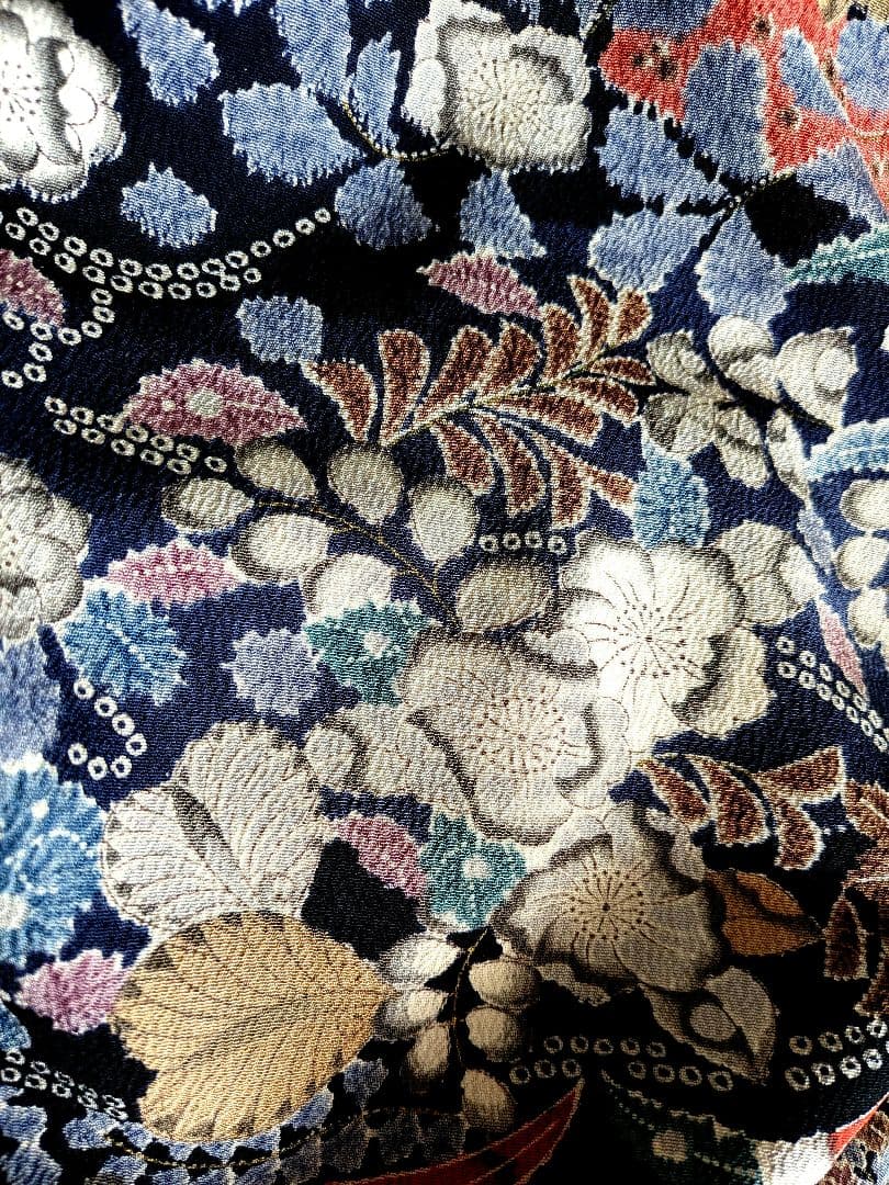 A267着物リメイク辻が花柄Aラインワンピース★リボン・ブローチ