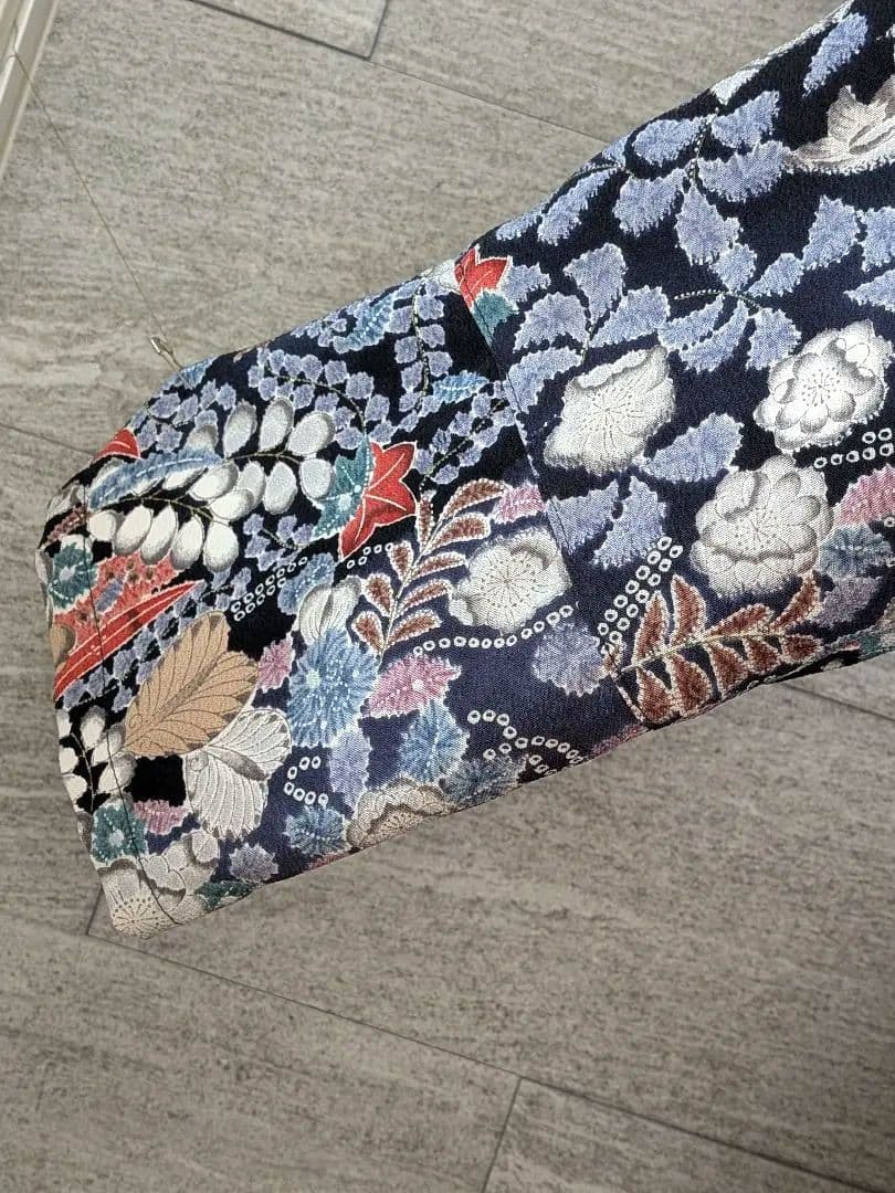 A267着物リメイク辻が花柄Aラインワンピース★リボン・ブローチ