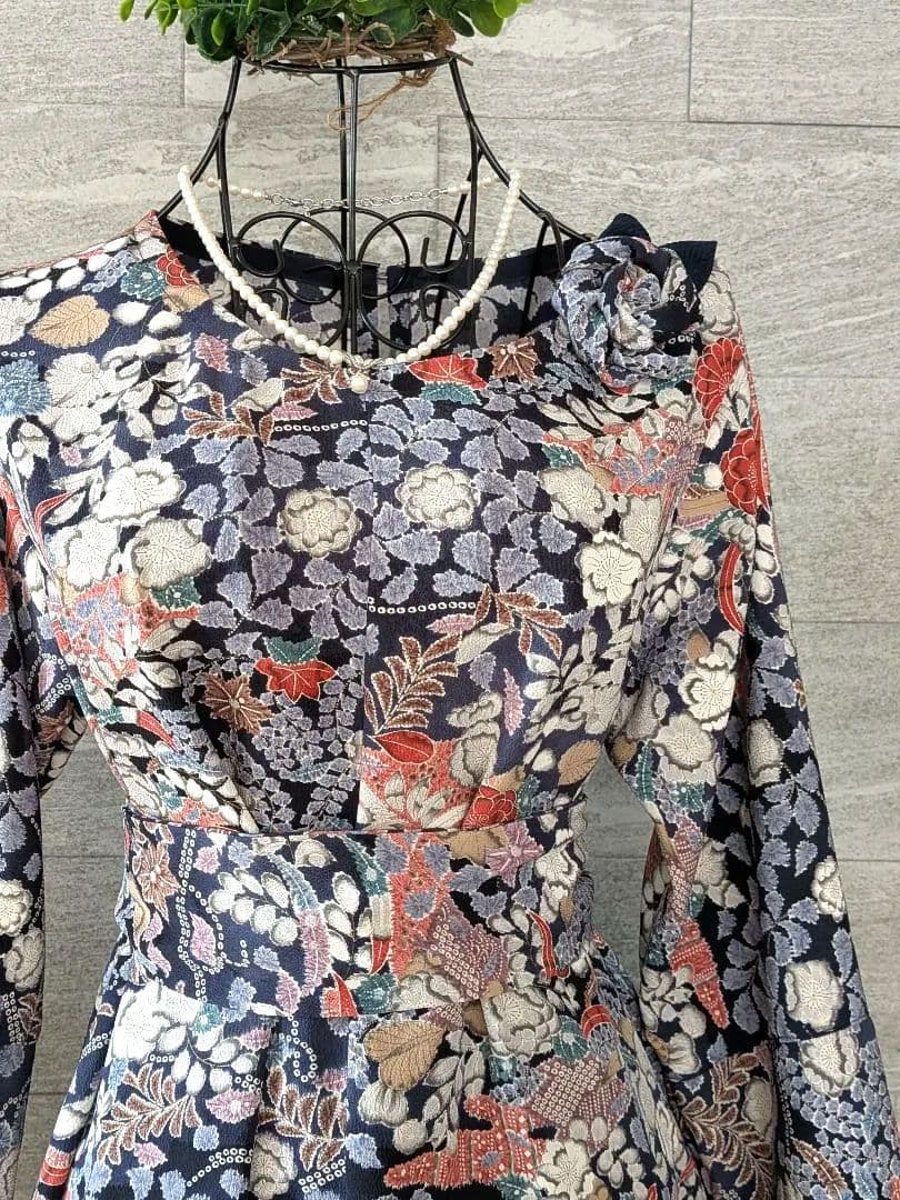 A267着物リメイク辻が花柄Aラインワンピース★リボン・ブローチ