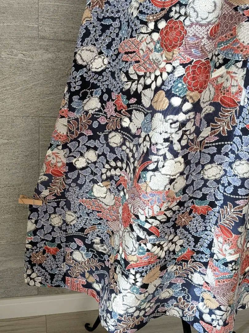 A267着物リメイク辻が花柄Aラインワンピース★リボン・ブローチ