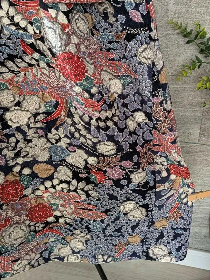 A267着物リメイク辻が花柄Aラインワンピース★リボン・ブローチ