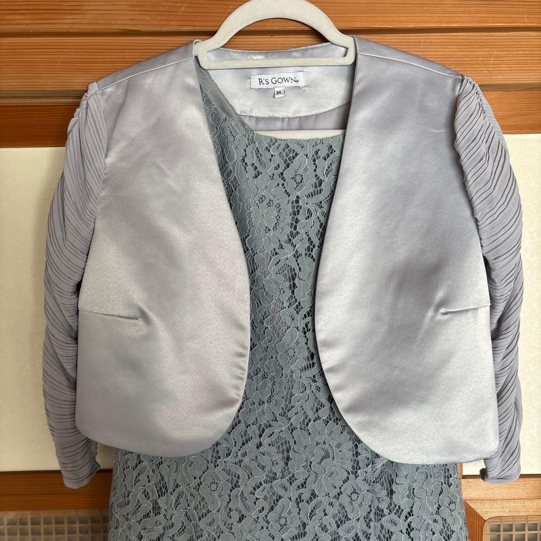 未使用タグ付き ブルーグレーロングドレス シアースリーブボレロ付き