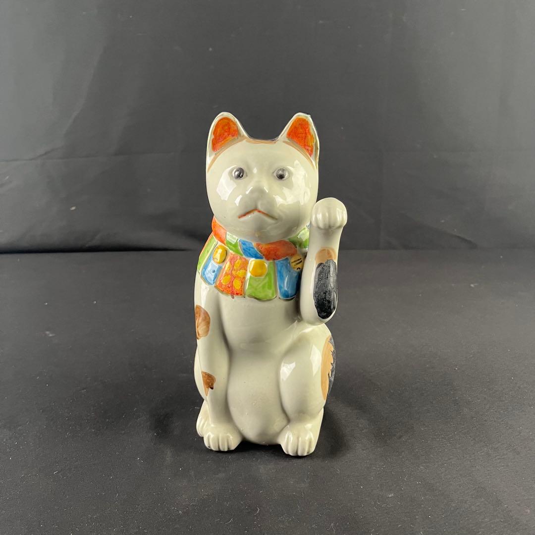 大正時代　手塗り色絵　可愛い招き猫　招福　縁起物　陶器　置物　25センチ