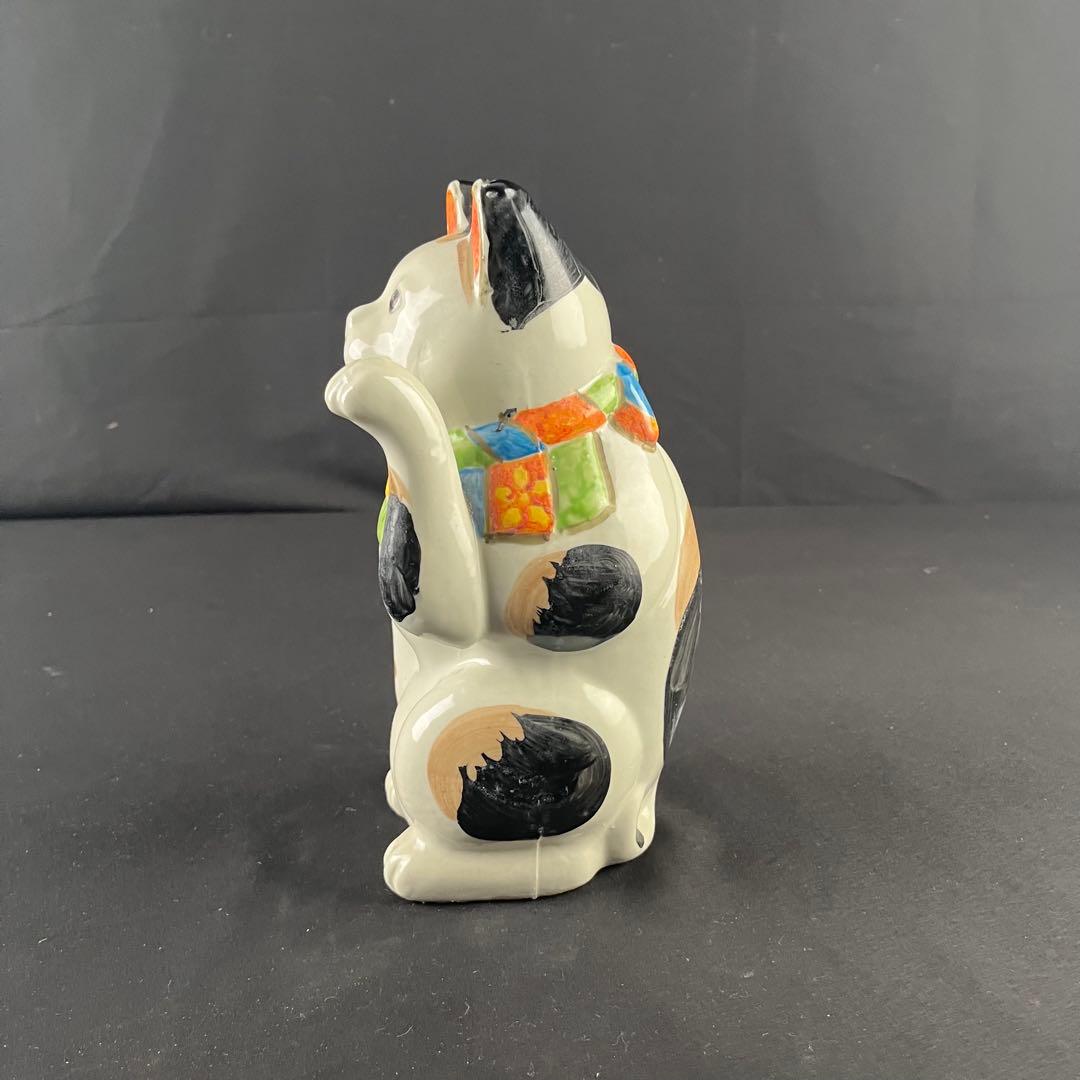 大正時代　手塗り色絵　可愛い招き猫　招福　縁起物　陶器　置物　25センチ