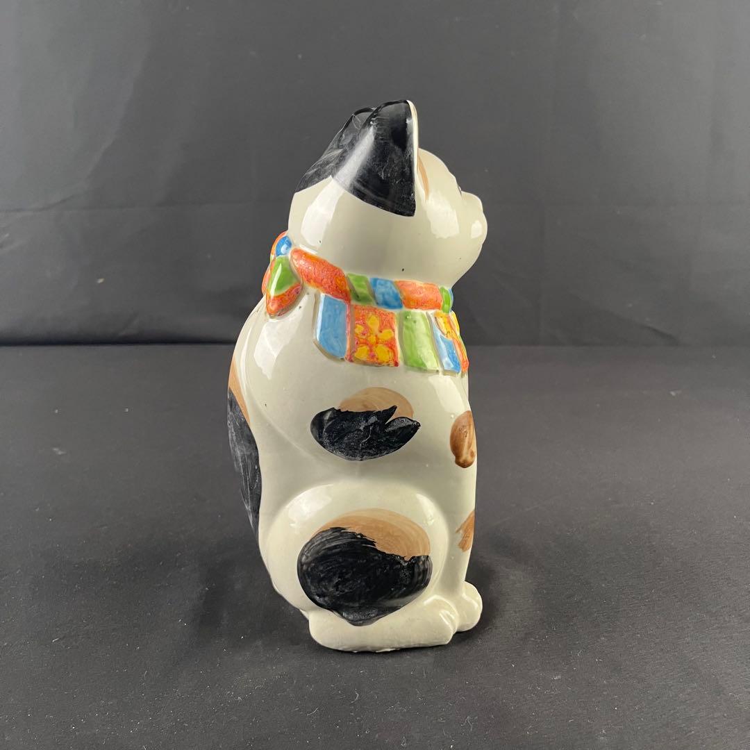 大正時代　手塗り色絵　可愛い招き猫　招福　縁起物　陶器　置物　25センチ