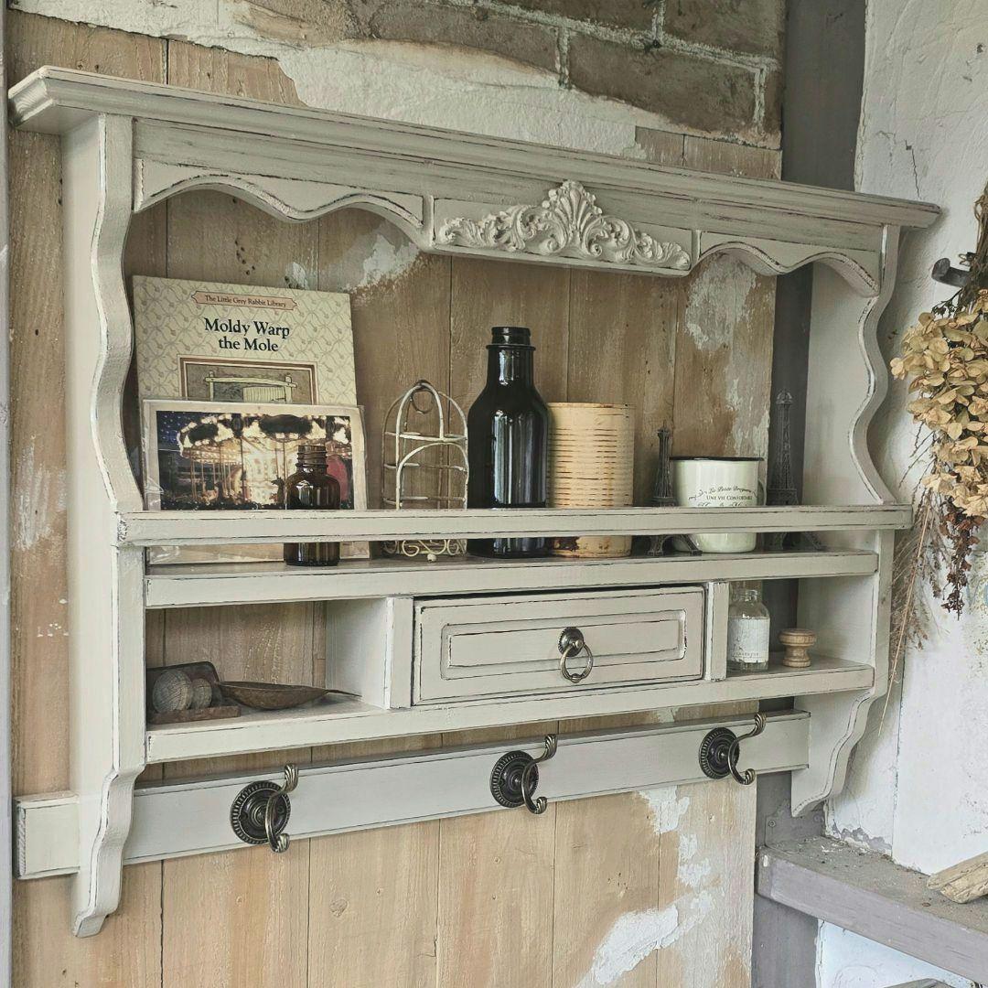 フレンチアンティークシャビー壁掛けシェルフ　ワイド700 モール 引き出し