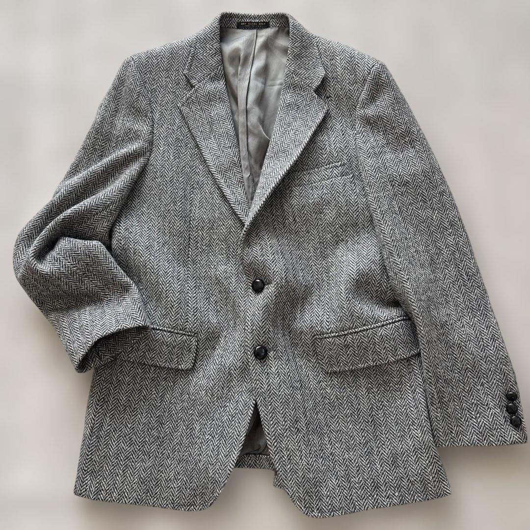 美品【ヘリンボーン 】アメリカ製　ハリスツイード　テーラードL 灰　毛　くるみB