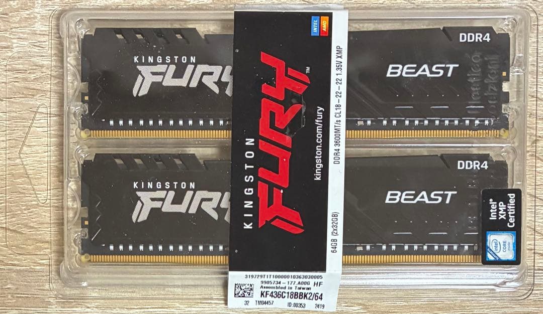 【中古】DDR4-3600 64GB(32GB×2枚) Kingston