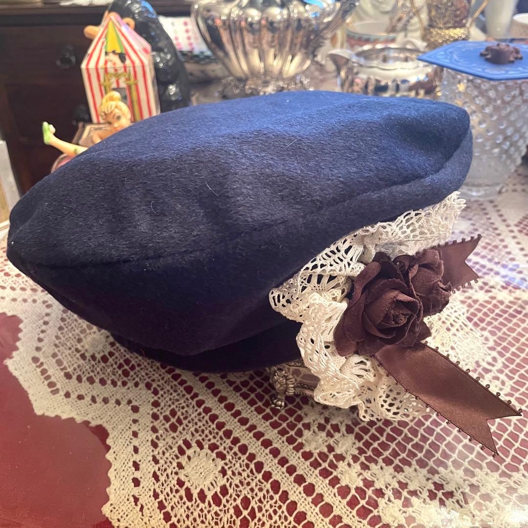 新品　未使用　メアリーマグダレン　ベレー帽　帽子　ネイビー　濃紺　コサージュ