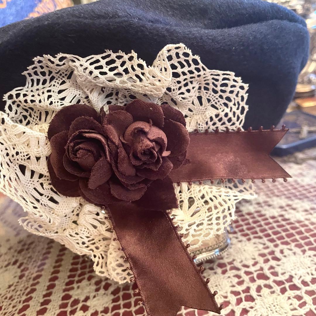 新品　未使用　メアリーマグダレン　ベレー帽　帽子　ネイビー　濃紺　コサージュ