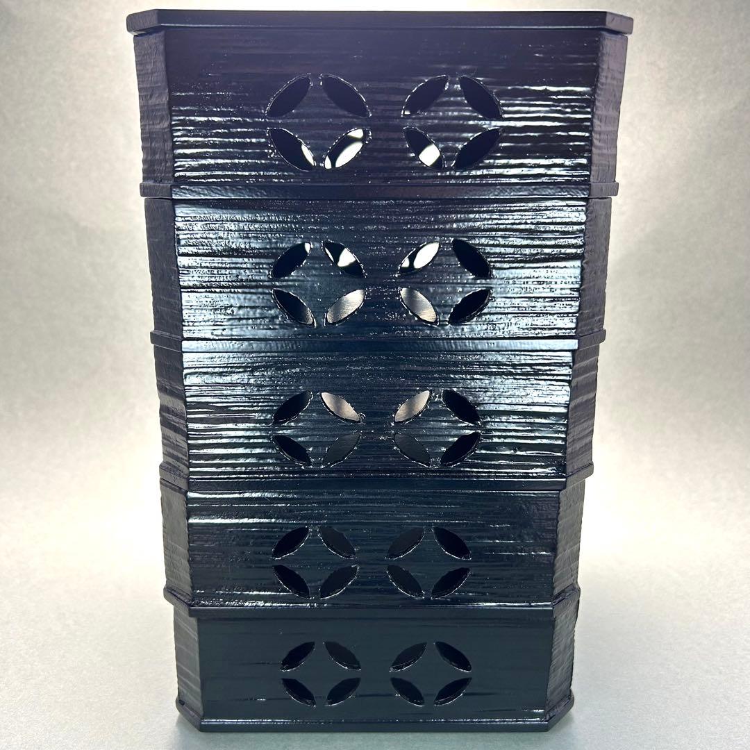 縁高　五段　『一閑塗　七宝四方透かし』　漆器　重箱　菓子器　茶道具　茶道　工芸品