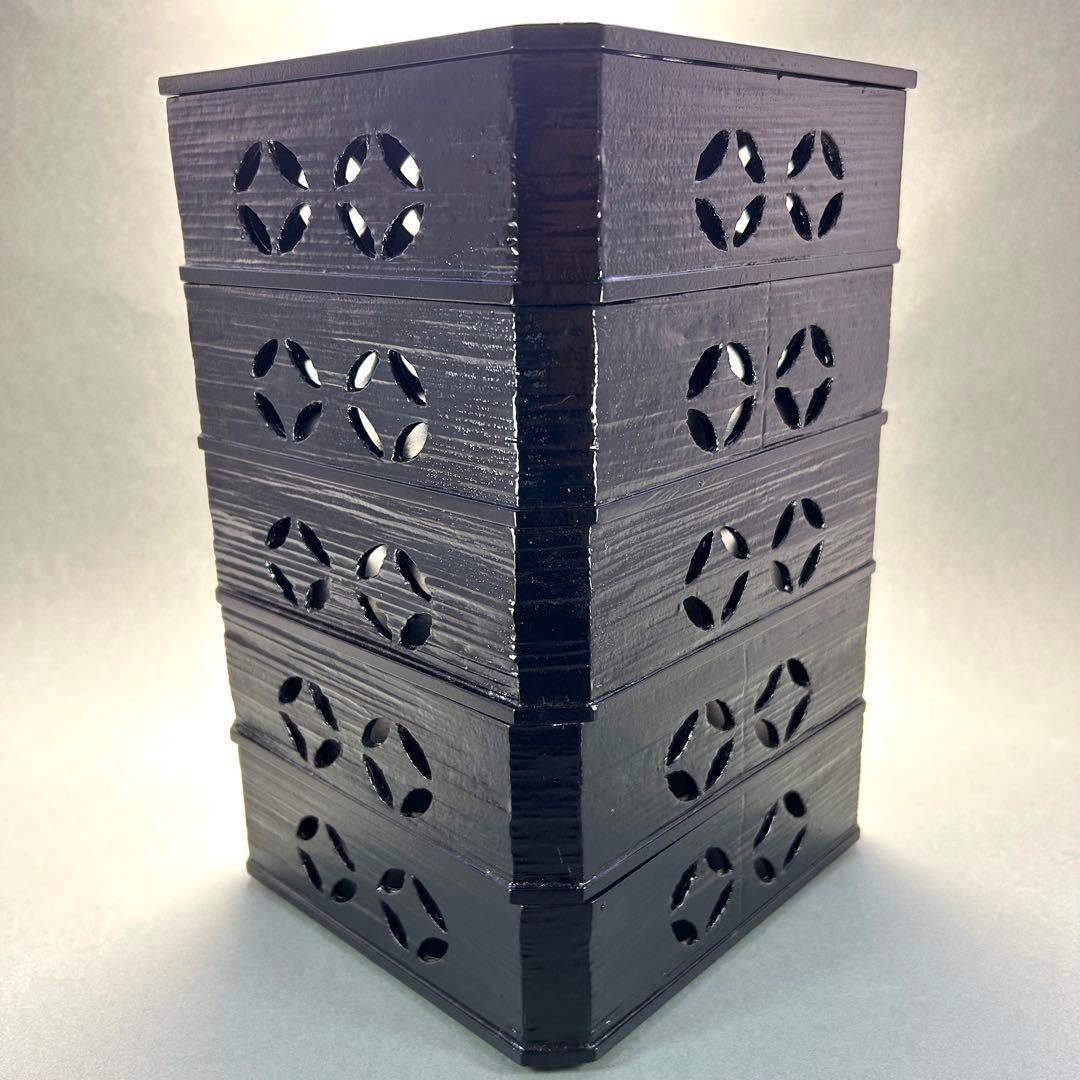 縁高　五段　『一閑塗　七宝四方透かし』　漆器　重箱　菓子器　茶道具　茶道　工芸品