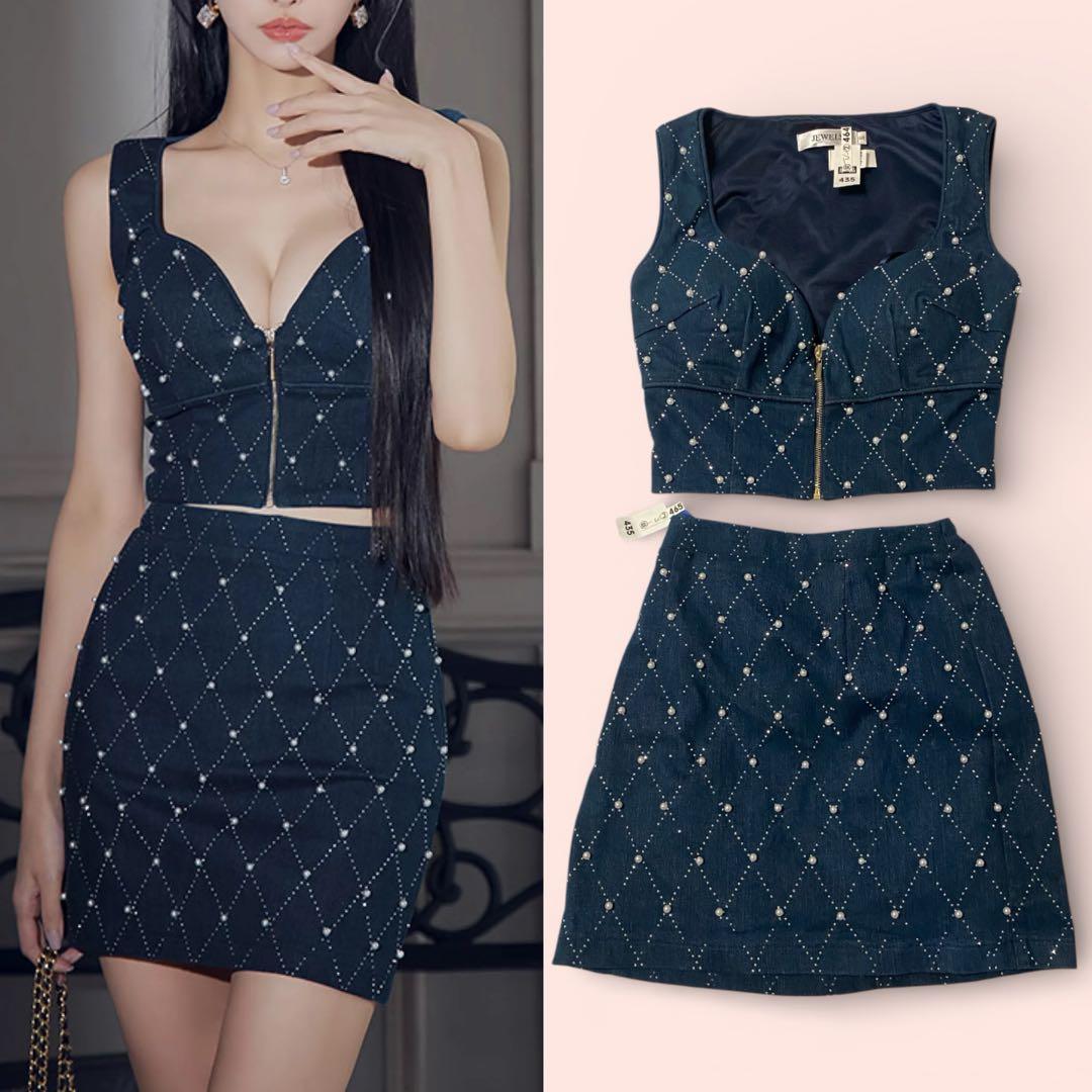 【JEWELS】キャバドレスS セットアップ ビジュー ネイビー ミニドレス