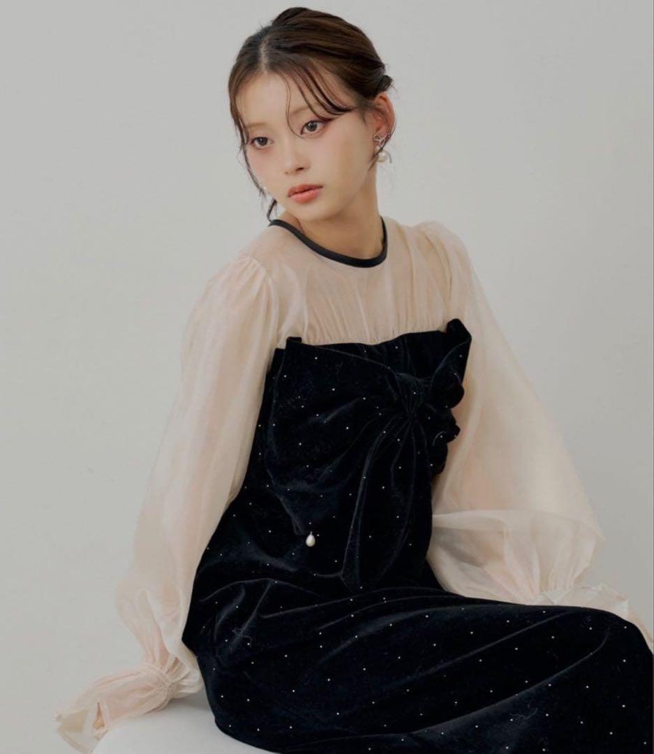 Chico オケージョンドレスドレス　配色シアーリボンベロアワンピース