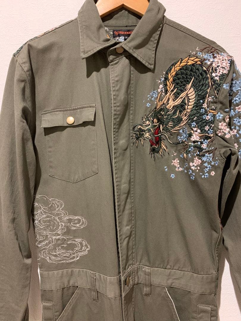 美品　NEVERMIND 和柄つなぎ　カーキ