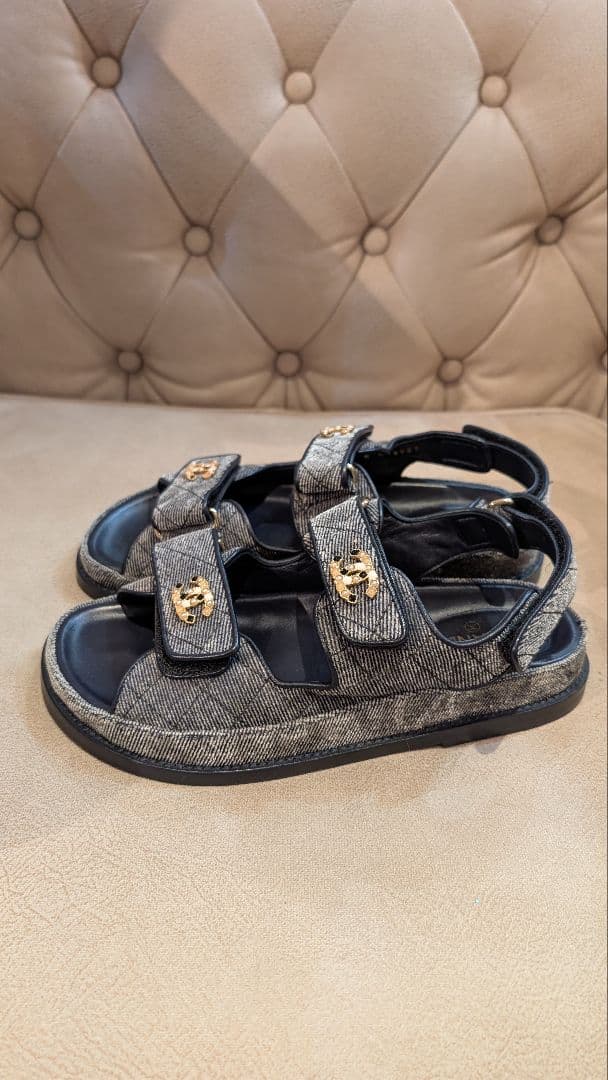 CHANELシャネル フットベット デニム調ベロア サンダル 38