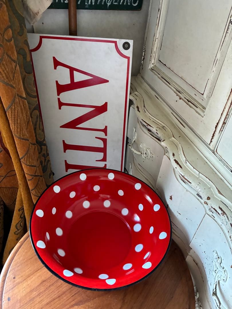 カバトンアンティーク　可愛い　ホーロー　ドット　水玉　洗面器　タライ　レア