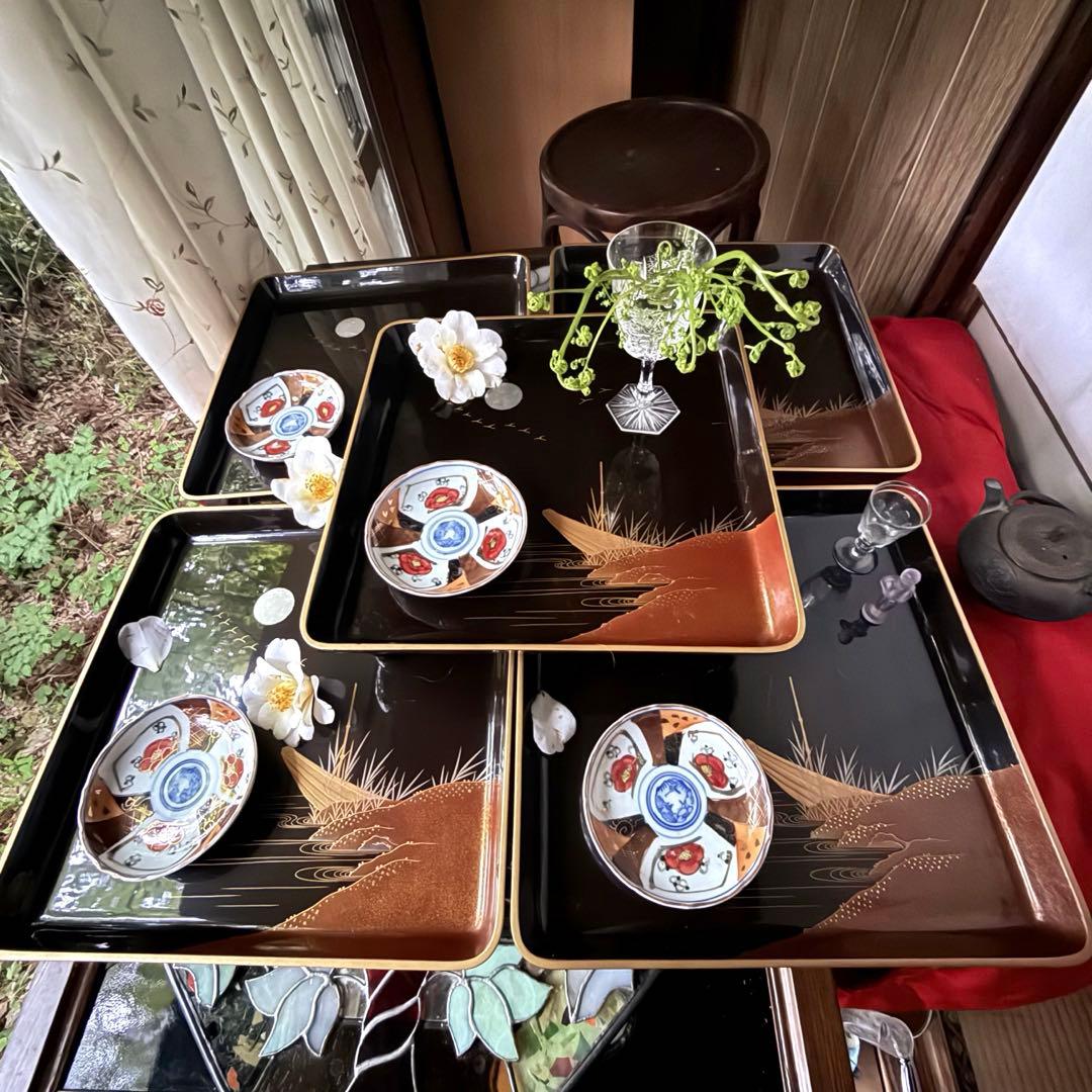 超限定無事終了‼️JAPAN時代蒔絵「源氏物語　須磨　明石」御膳5客