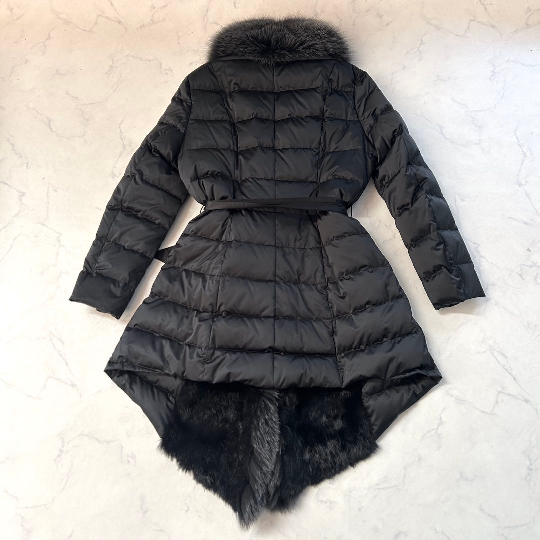 豪華ブルーフォックスファー×ラビット レザー切替 変形ロングダウンコート L