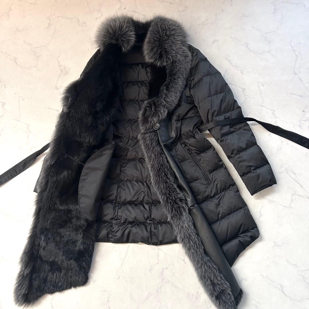 豪華ブルーフォックスファー×ラビット レザー切替 変形ロングダウンコート L