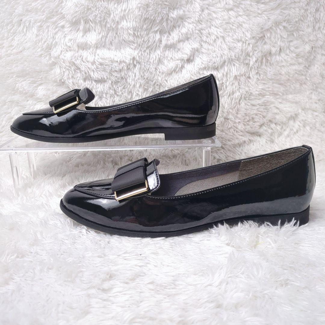 【美品】DIANA ダイアナ オペラシューズ エナメル ローファー 黒 リボン付