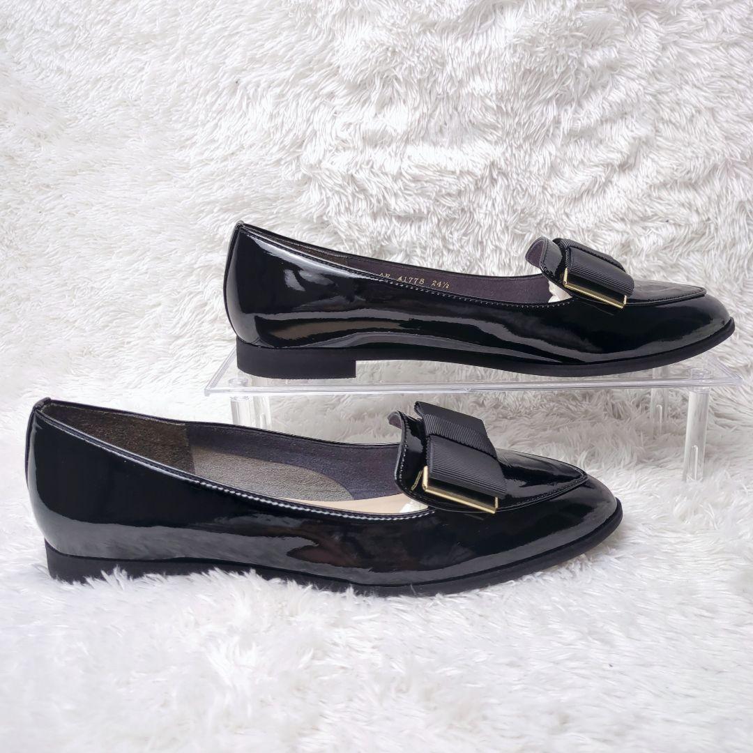 【美品】DIANA ダイアナ オペラシューズ エナメル ローファー 黒 リボン付