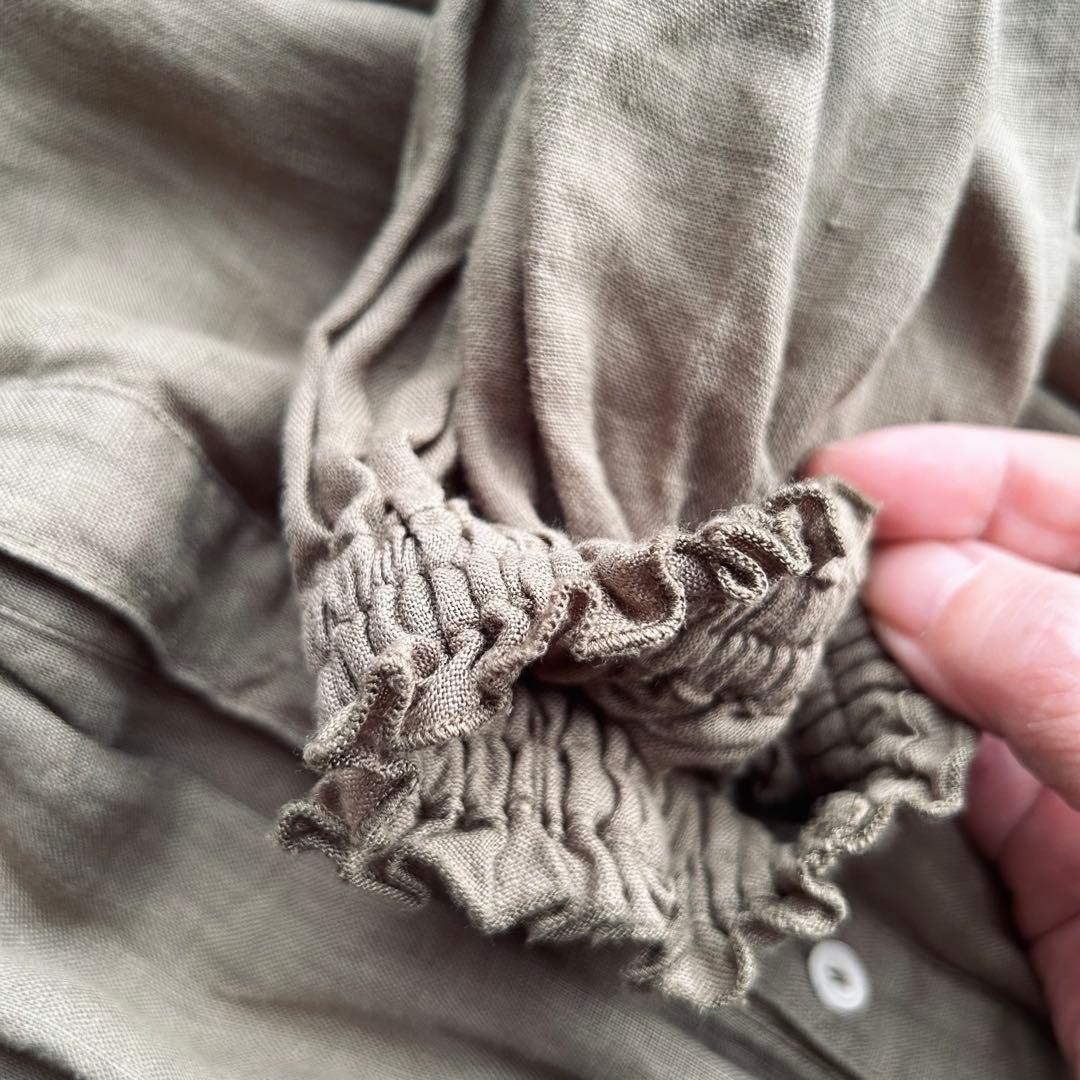 ネストローブ リネン製オリーブグリーンシャツワンピース長袖