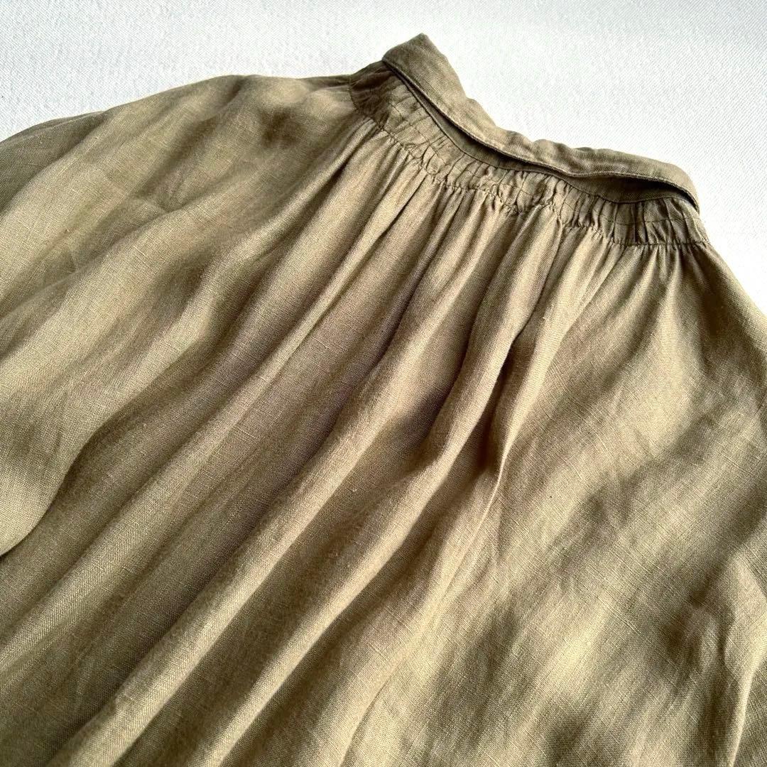 ネストローブ リネン製オリーブグリーンシャツワンピース長袖