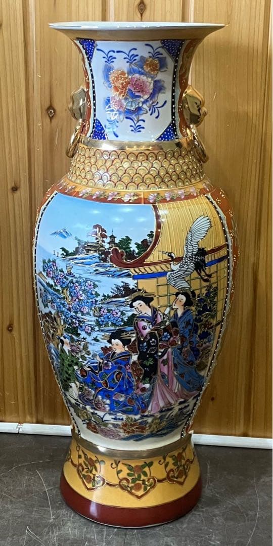 【大型花瓶】壺 花器 高級陶器 中国満州 花鳥風月 美人図 骨董品