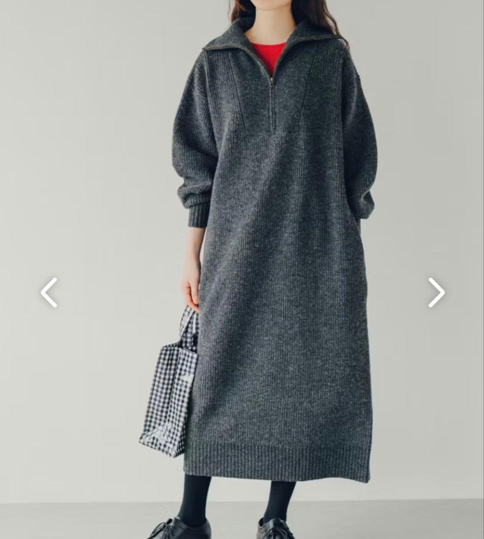 北欧暮らしの道具店　グレー ハイネック ハーフジップ　ロングニットワンピース