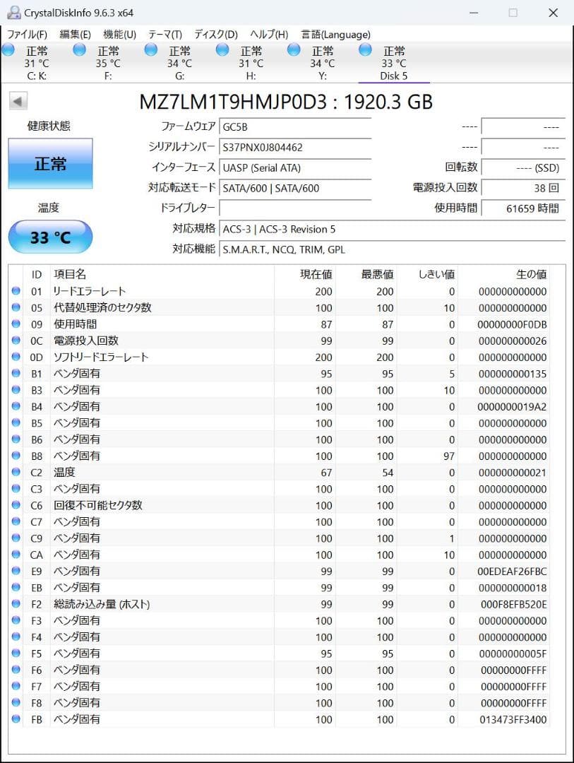 ⑦SAMSUNG 2.5インチSSD 1.92TB MZ-7LM1T9B 確認済