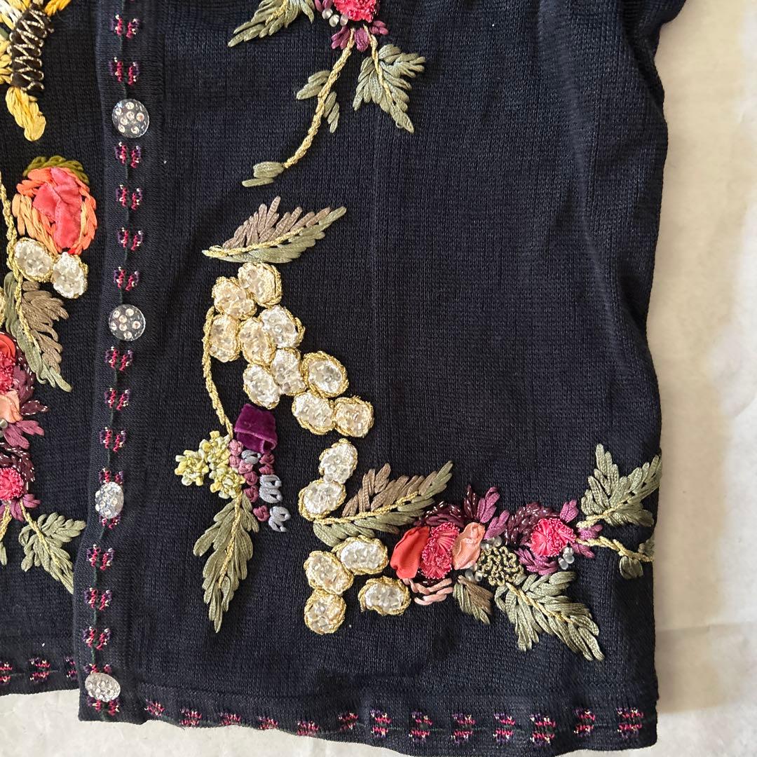 ATELIER SAGAN刺繍入りカーディガン 黒　アトリエサガンL 麻100