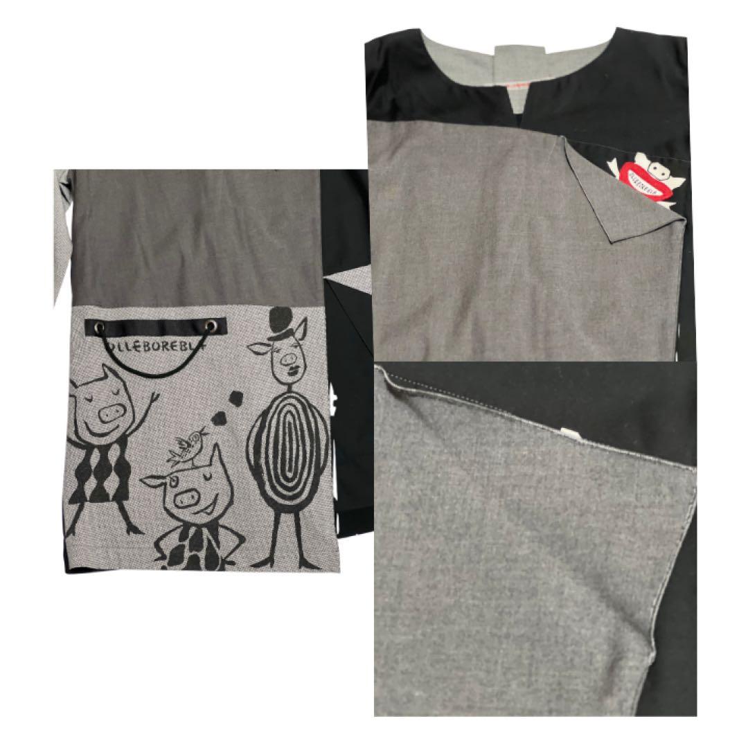 アルベロベロ七分袖ぶたさんプリントパッチワークチュニック　モノトーン