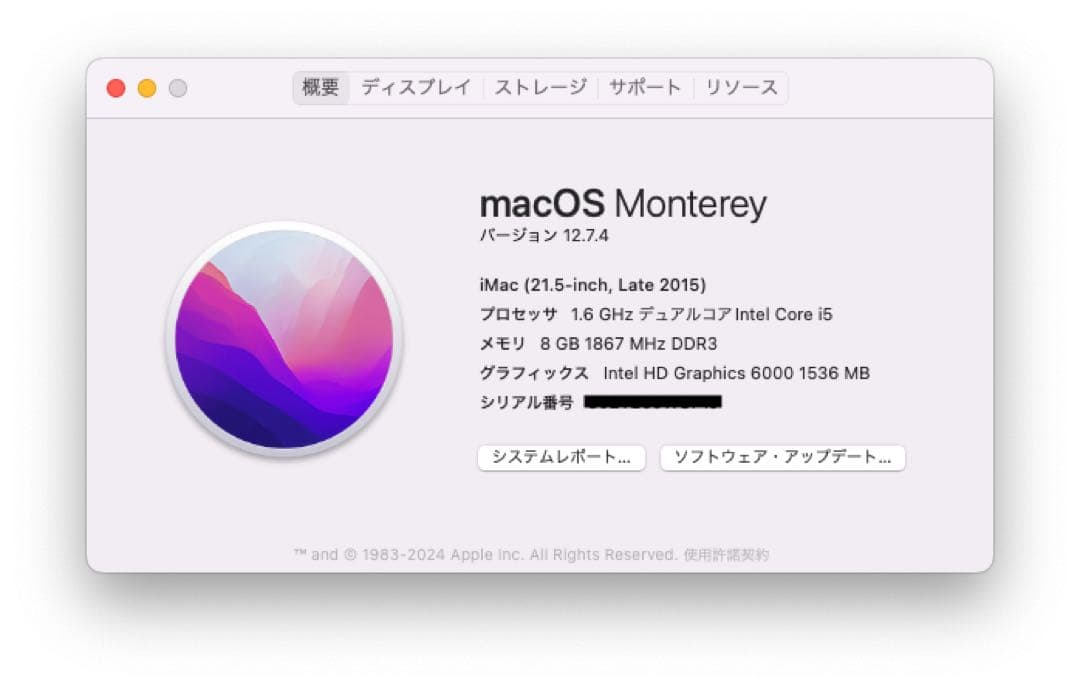 iMac 21.5インチ i5 8GB 1TB SSD Late 2015