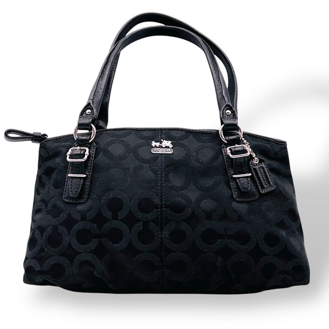 【美品】COACH　コーチ　シグネチャー　黒色ハンドバッグ　人気　キャンバス