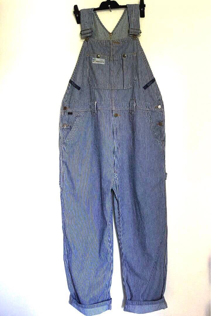 PAPAS パパス ヒッコリー オーバーオール 紺×白　M〜L メンズ　美品
