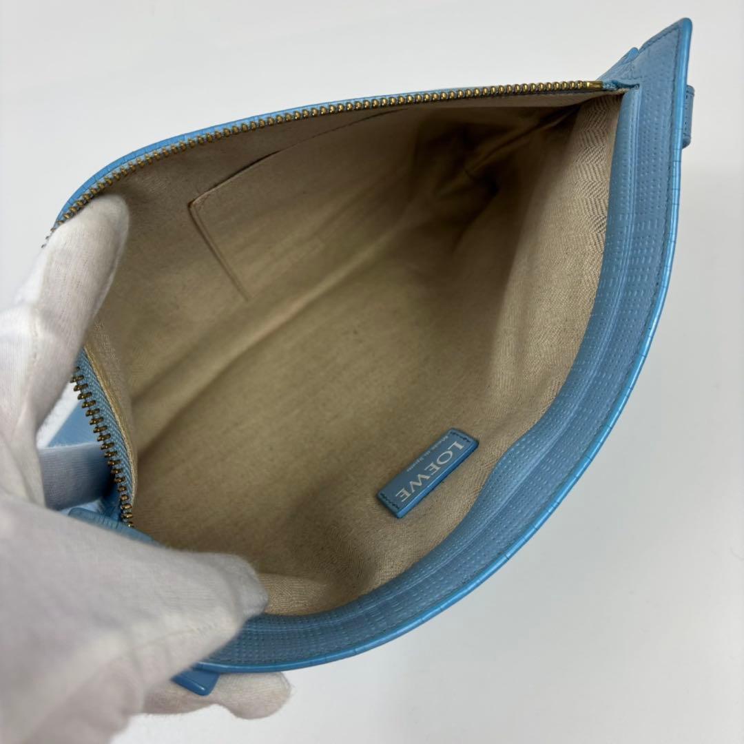 ロエベ リネン クラッチバッグ ゴールド金具 レザー バッグ ブルー