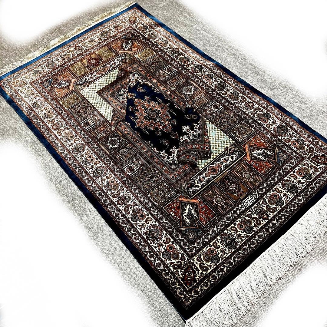 【ペルシャ絨毯】最高級 ジャムシディ クム産 シルク 本物 手織り 高密度 青色