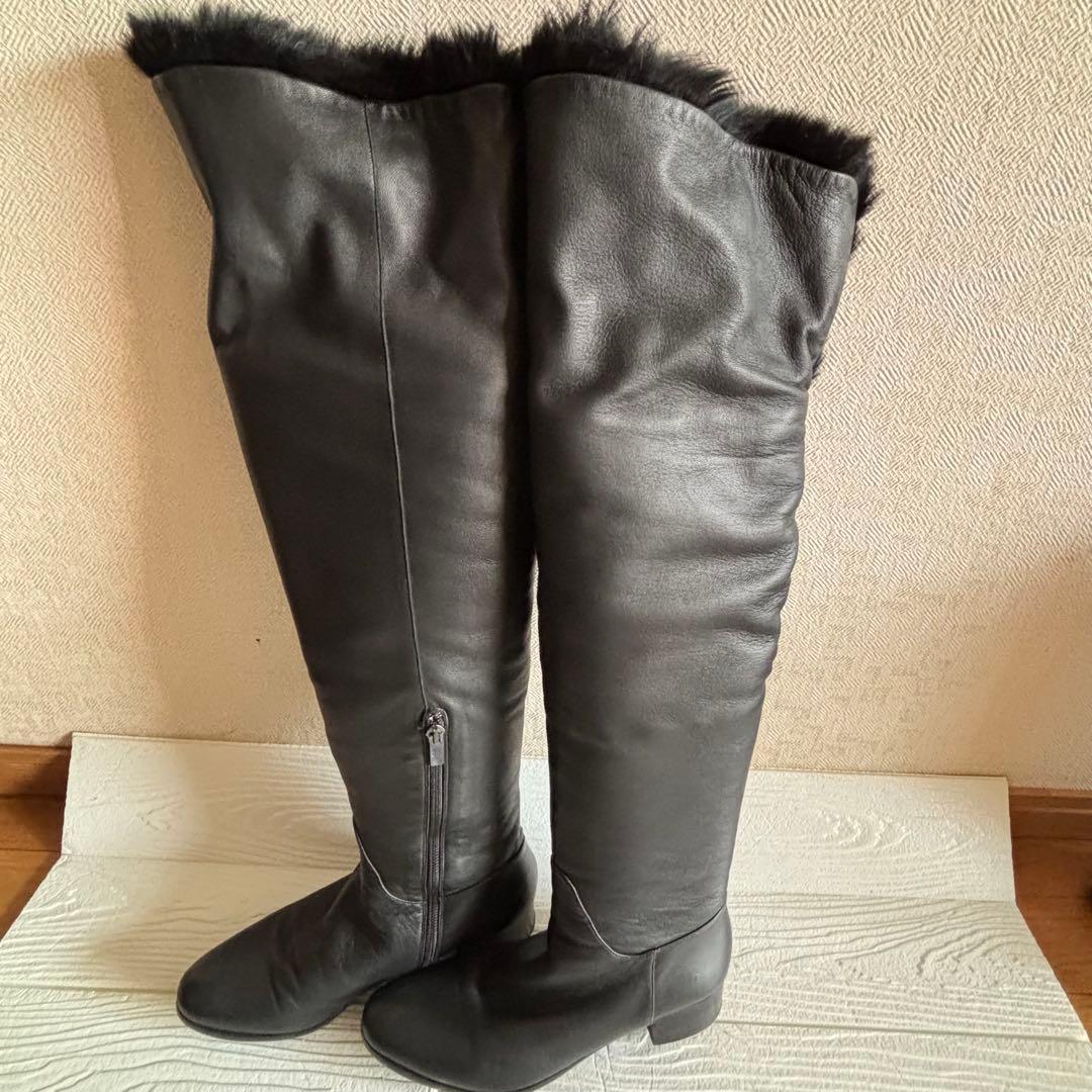 B lounge☆イタリア製ファー付きニーハイレザーブーツ　本革　ポカポカ　極暖