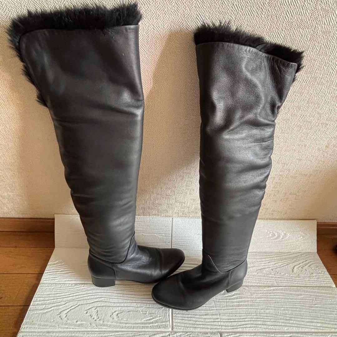 B lounge☆イタリア製ファー付きニーハイレザーブーツ　本革　ポカポカ　極暖