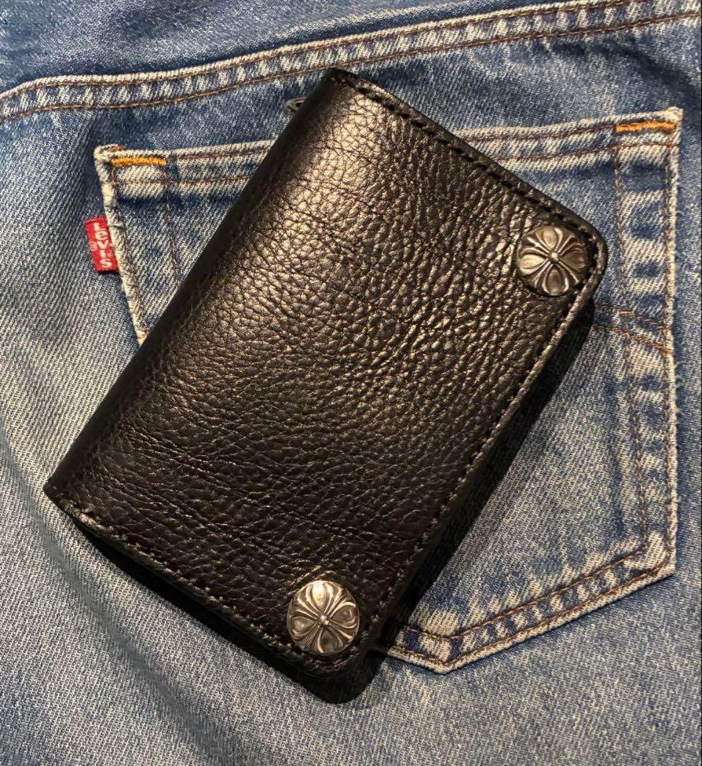 ミドルトラッカーウォレット　シルバー925クロスボール　国産シボ革