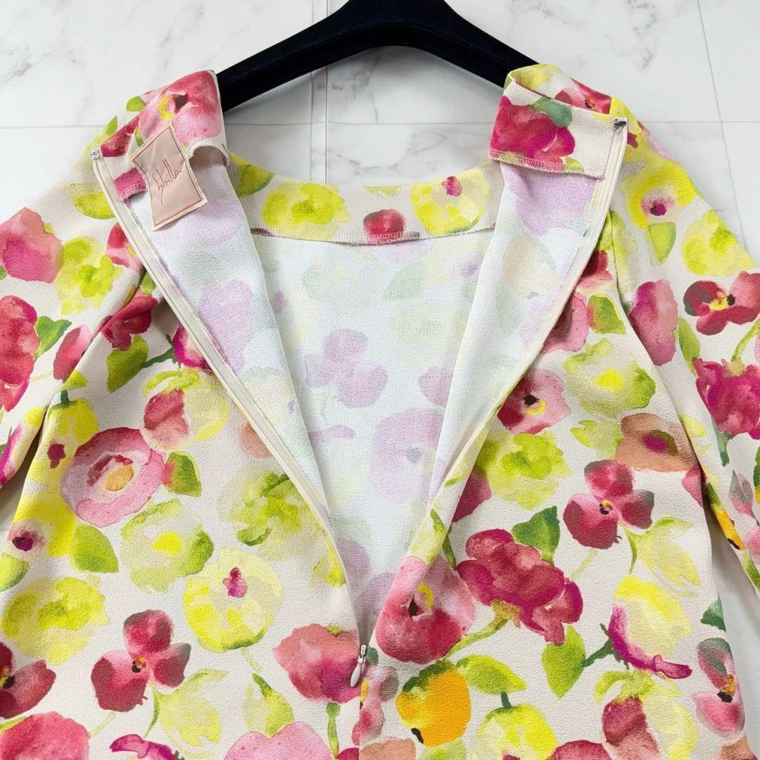 シビラ ミディ丈ワンピース フレア ボタニカル柄 ピンク マルチカラー