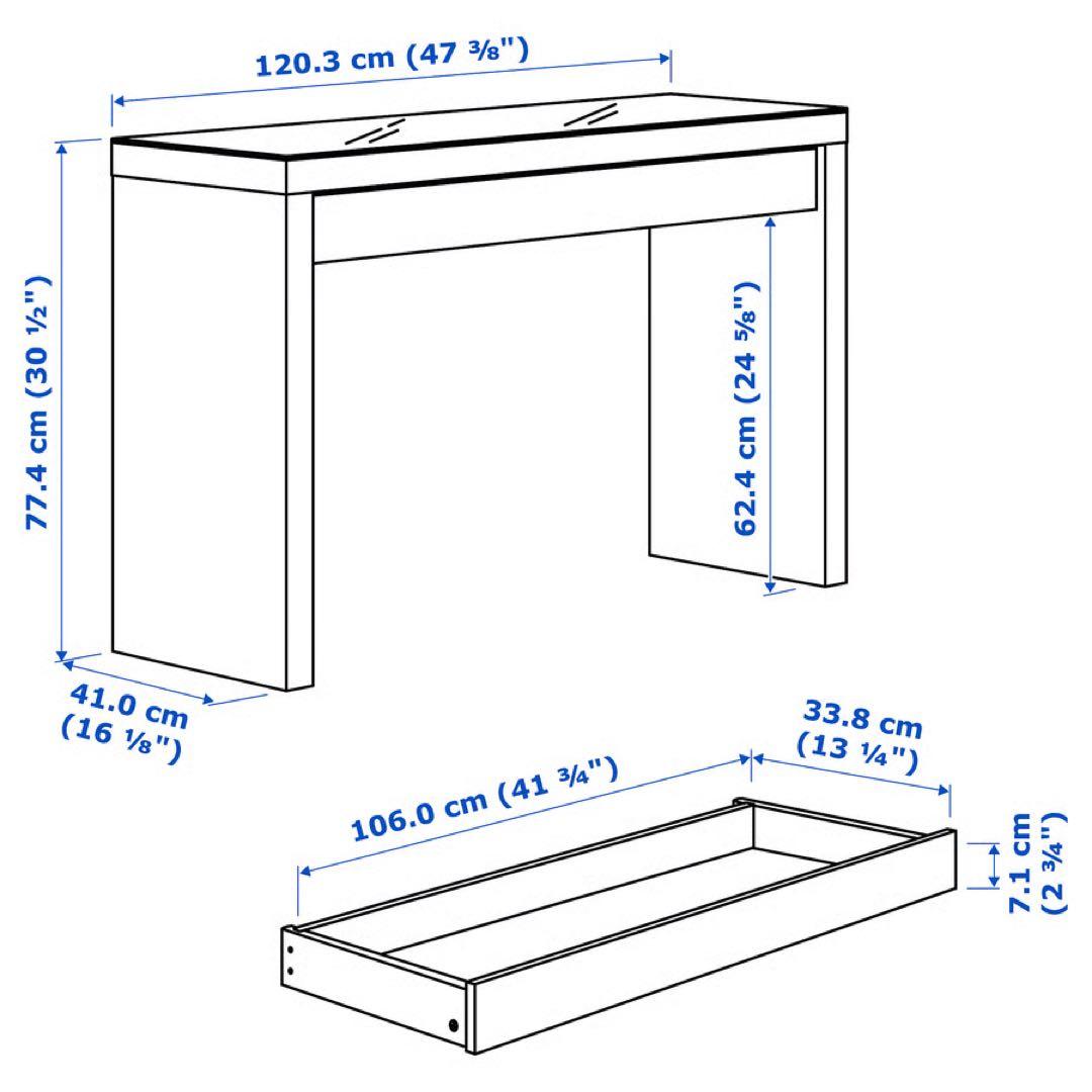 IKEA MALM ドレッサー ホワイト 120x41 cm ガラス天板付き