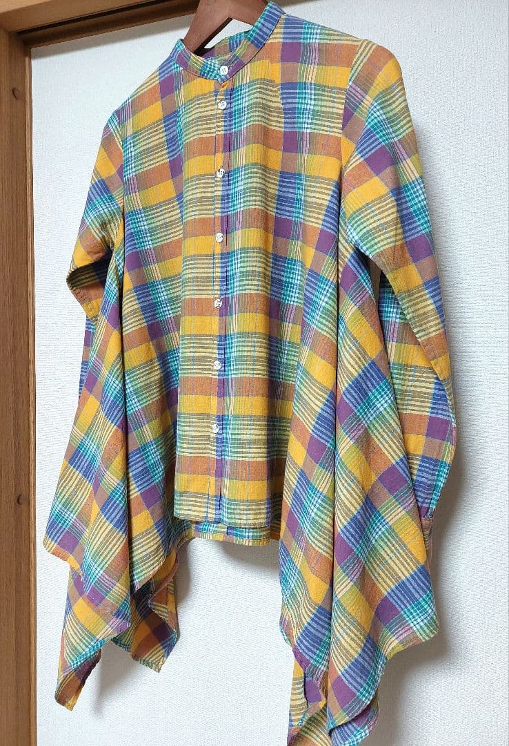 KAPITAL　ノーカラー変形チェックシャツ　S　日本製　美品✨