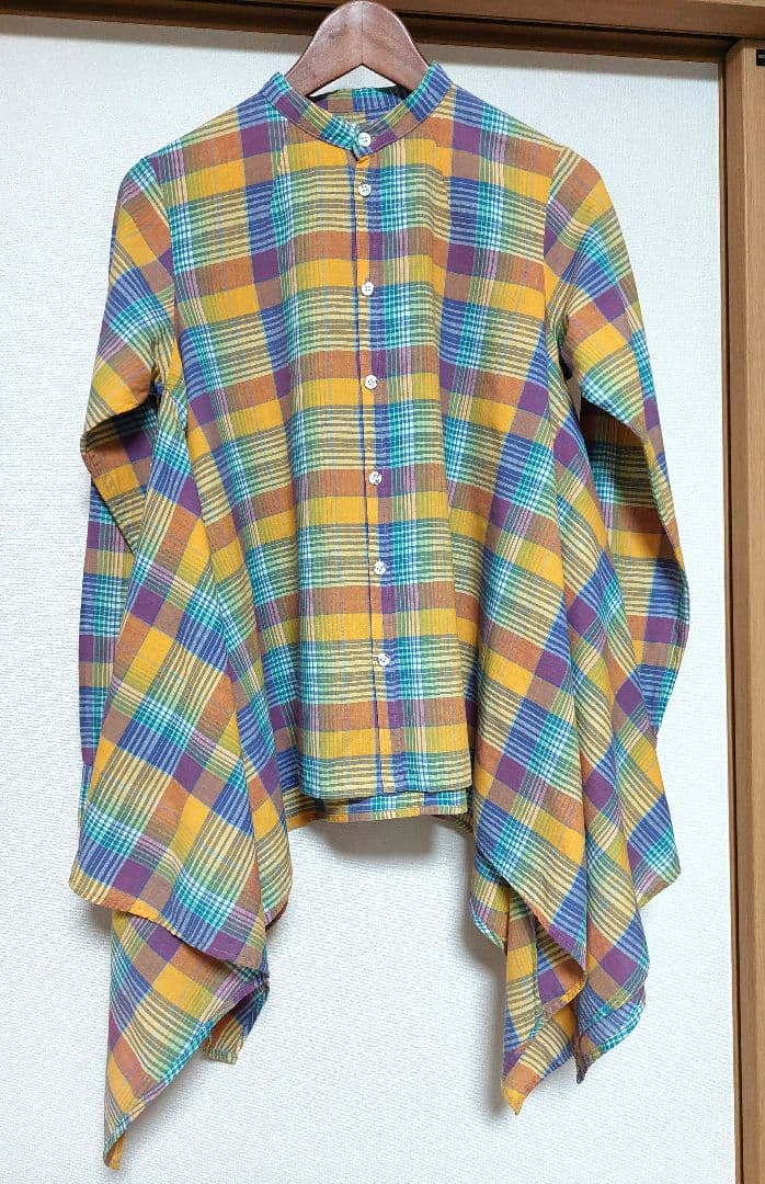 KAPITAL　ノーカラー変形チェックシャツ　S　日本製　美品✨